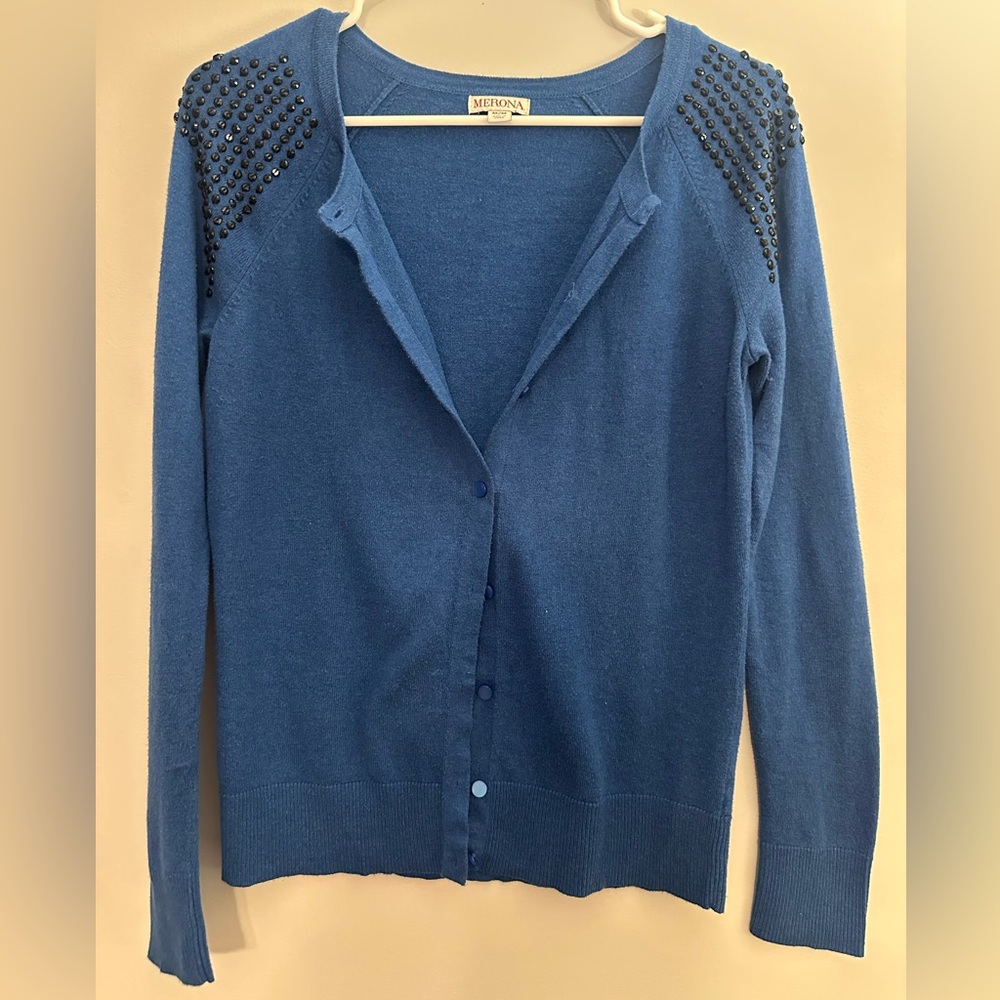 Blue Cardigan Sweater with Studded Shoulders